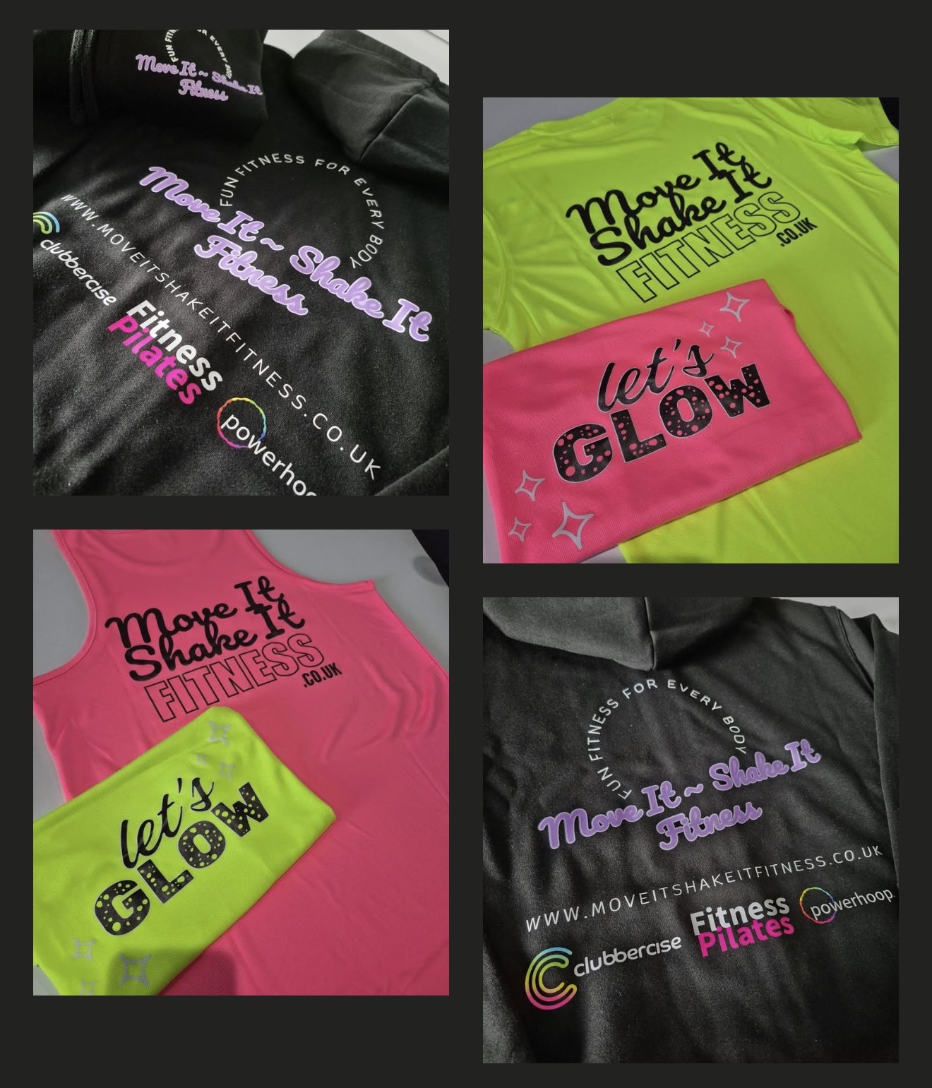 Neon fitness sportswear and Let's Glow printed tops